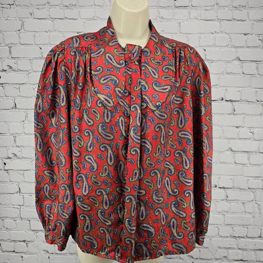 VTG Laura & Jayne Red Paisley Swallowed-tailed Long Sleeve Blouse Size 10